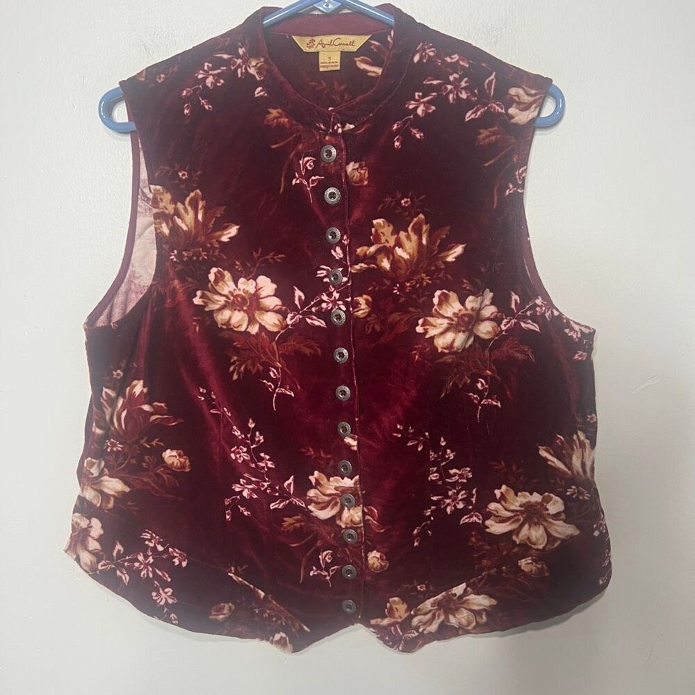 April Cornell Burgundy Red Cotton Velvet Floral Vest Sz Small Button Up Romantic
